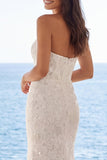 Sparkly Ivory Beaded Floral Mermaid Sweep Train Strapless Wedding Dress
