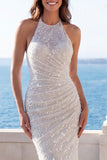 Ruched Sparkly Ivory Beaded Mermaid Sweep Train Halter Wedding Dress