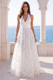Ivory Halter Backless Floral Lace A Line Sweep Train Wedding Dress
