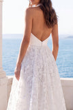 Ivory Halter Backless Floral Lace A Line Sweep Train Wedding Dress
