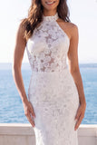 Beaded Floral Halter Sparkly Ivory Mermaid Sweep Train Wedding Dress