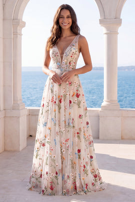 Floral Lace Ivory Floor Length Wedding Dress A Line V-Neck Bridal Dress