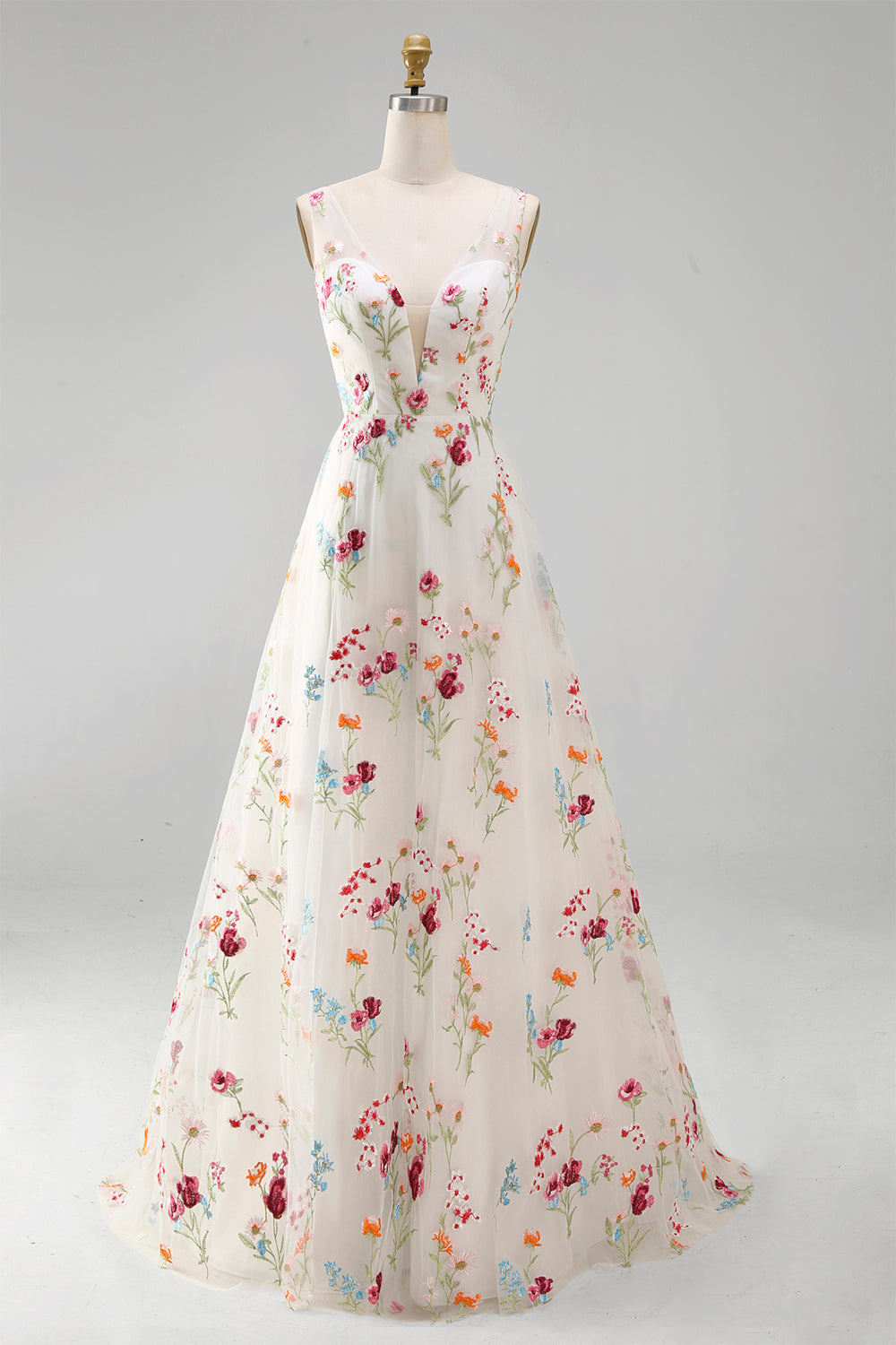 Ivory V-Neck Floral A Line Floor Length Boho Wedding Dress