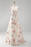 Ivory V-Neck Floral A Line Floor Length Boho Wedding Dress