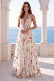 Floral Lace Ivory Floor Length Wedding Dress A Line V-Neck Bridal Dress
