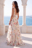 Ivory V-Neck Floral A Line Floor Length Boho Wedding Dress