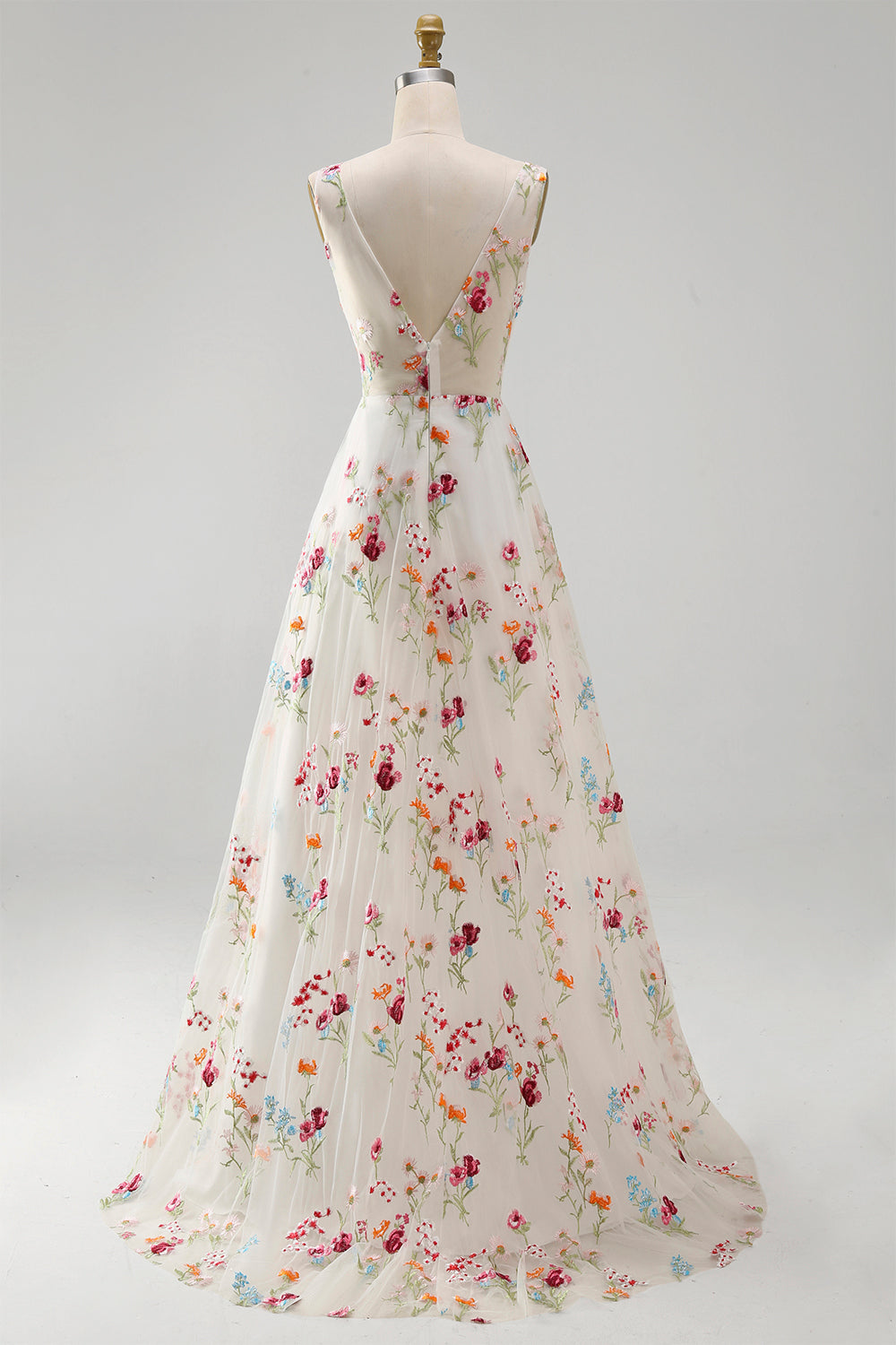 Ivory V-Neck Floral A Line Floor Length Boho Wedding Dress