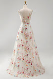 Ivory V-Neck Floral A Line Floor Length Boho Wedding Dress