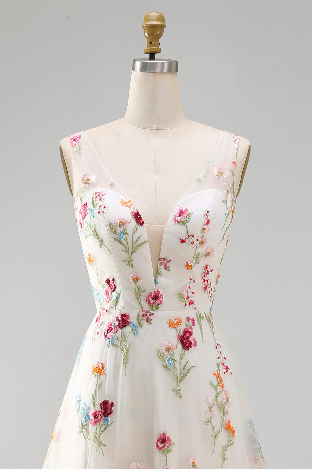 Ivory V-Neck Floral A Line Floor Length Boho Wedding Dress