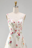 Ivory V-Neck Floral A Line Floor Length Boho Wedding Dress