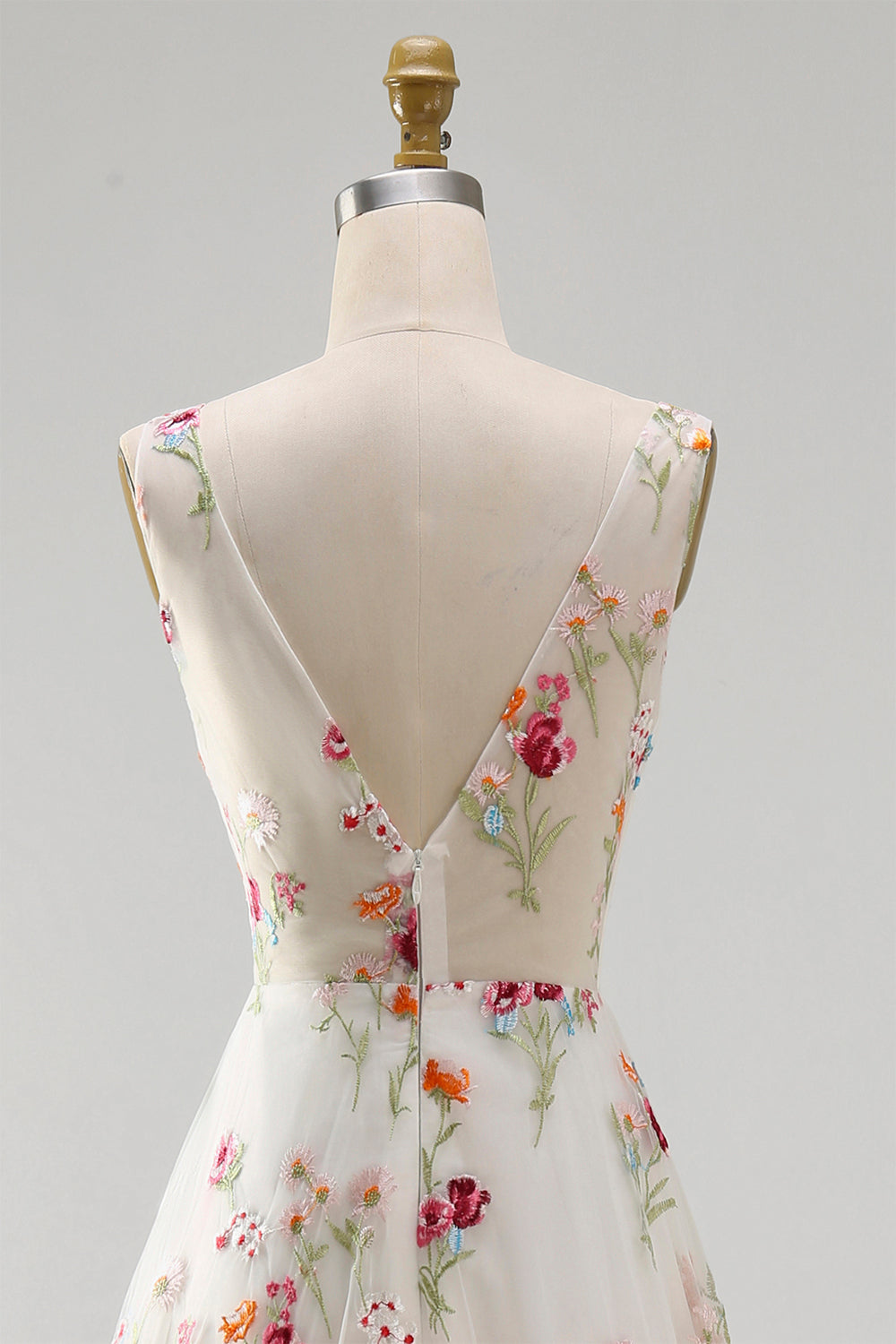 Ivory V-Neck Floral A Line Floor Length Boho Wedding Dress