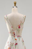 Ivory V-Neck Floral A Line Floor Length Boho Wedding Dress