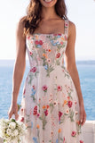 Thick Straps Ivory Corset Floral A Line Sweep Train Boho Wedding Dress