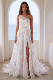 One Shoulder Ruched Ivory Floral A Line Sweep Train Beach Wedding Dress with Slit