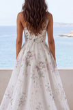 One Shoulder Ruched Ivory Floral A Line Sweep Train Beach Wedding Dress with Slit