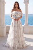A Line Off the Shoulder Ivory Floral Sweep Train Beach Wedding Dress with Ruffles