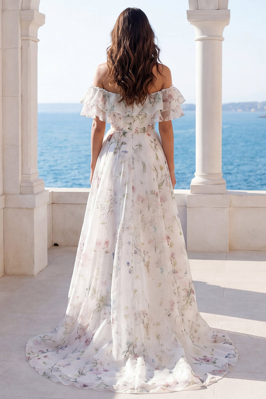 A Line Off the Shoulder Ivory Floral Sweep Train Beach Wedding Dress with Ruffles