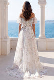 A Line Off the Shoulder Ivory Floral Sweep Train Beach Wedding Dress with Ruffles