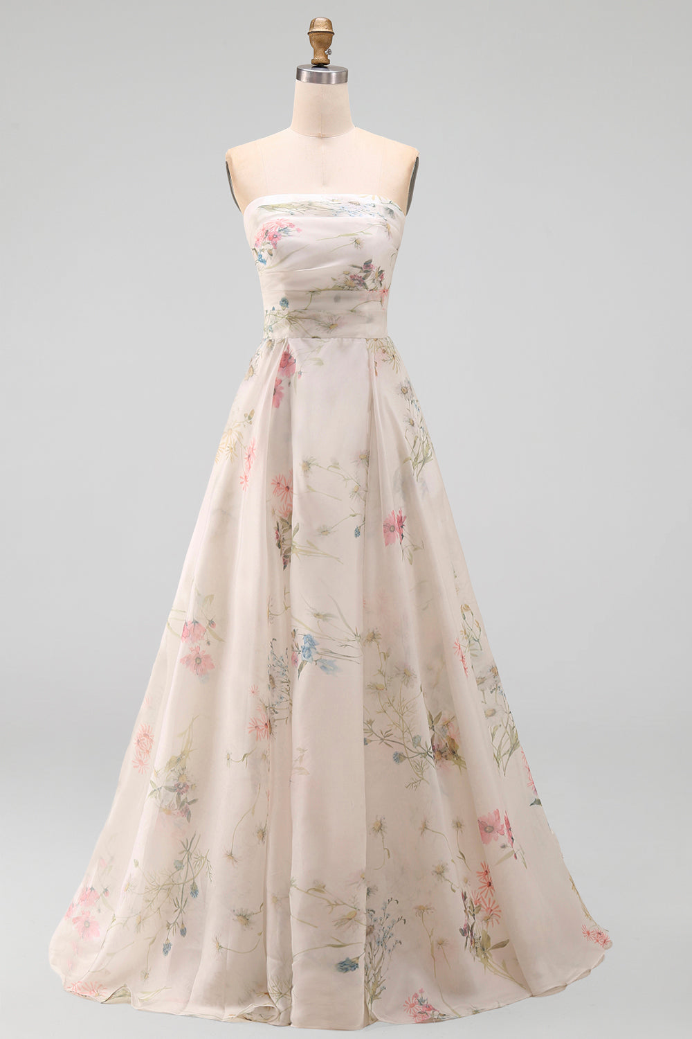 Strapless Ruched Ivory Floral A Line Sweep Train Beach Wedding Dress