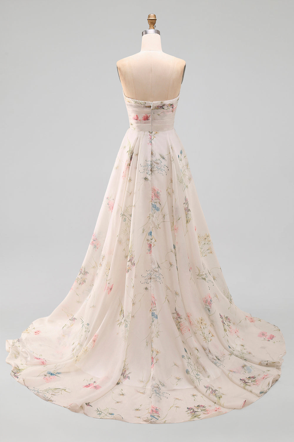 Strapless Ruched Ivory Floral A Line Sweep Train Beach Wedding Dress