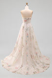 Strapless Ruched Ivory Floral A Line Sweep Train Beach Wedding Dress