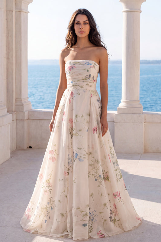 Strapless Ruched Ivory Floral A Line Sweep Train Beach Wedding Dress