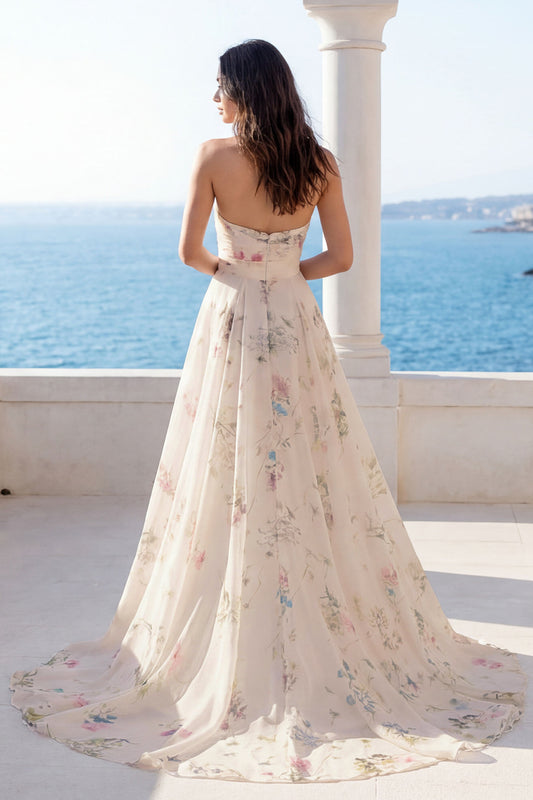 Strapless Ruched Ivory Floral A Line Sweep Train Beach Wedding Dress