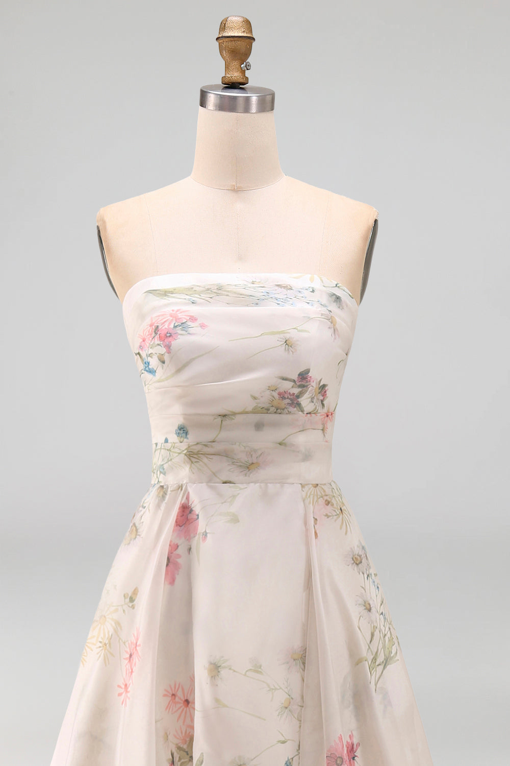 Strapless Ruched Ivory Floral A Line Sweep Train Beach Wedding Dress