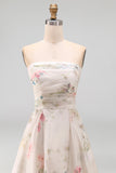 Strapless Ruched Ivory Floral A Line Sweep Train Beach Wedding Dress