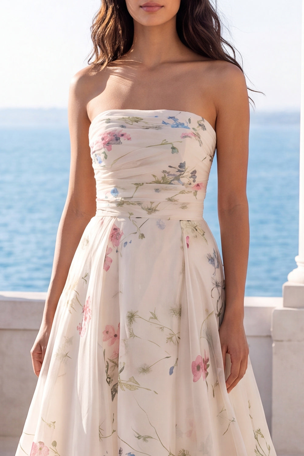 Strapless Ruched Ivory Floral A Line Sweep Train Beach Wedding Dress