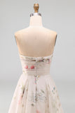 Strapless Ruched Ivory Floral A Line Sweep Train Beach Wedding Dress