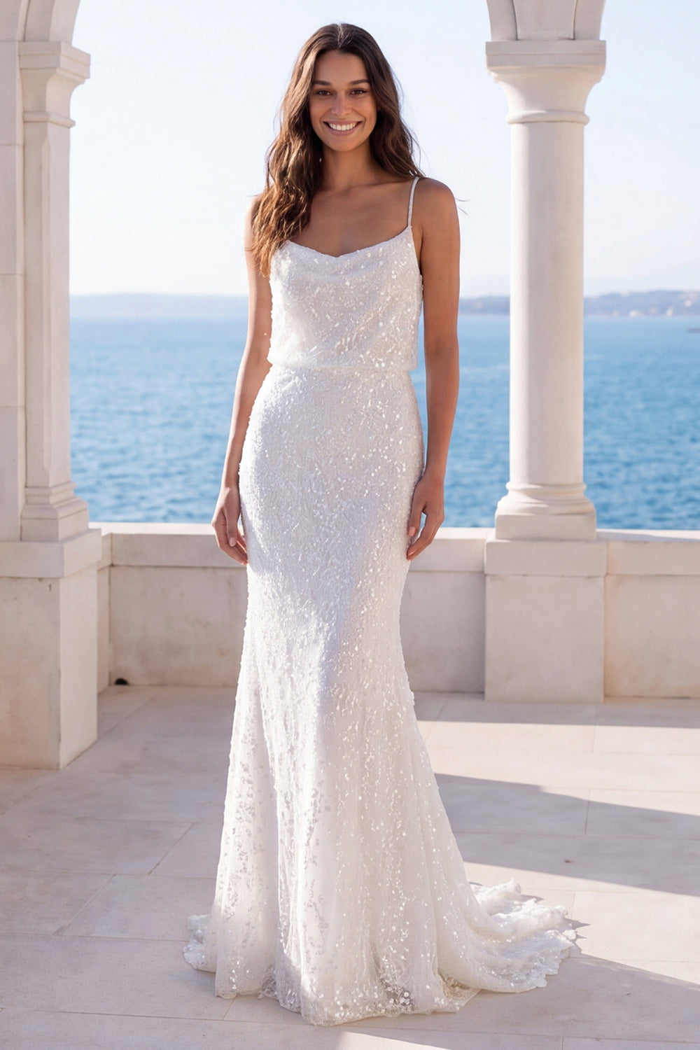 Spaghetti Straps Sparkly Ivory Sequin Mermaid Sweep Train Wedding Dress
