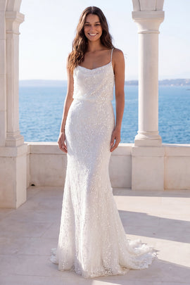 Spaghetti Straps Sparkly Ivory Sequin Mermaid Sweep Train Wedding Dress