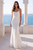 Spaghetti Straps Sparkly Ivory Sequin Mermaid Sweep Train Wedding Dress
