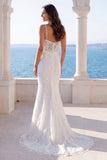 Spaghetti Straps Sparkly Ivory Sequin Mermaid Sweep Train Wedding Dress