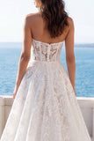 Ivory Strapless Floral Lace A Line Sweep Train Boho Wedding Dress