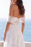 Ivory Off the Shoulder Floral Lace A Line Sweep Train Corset Boho Wedding Dress