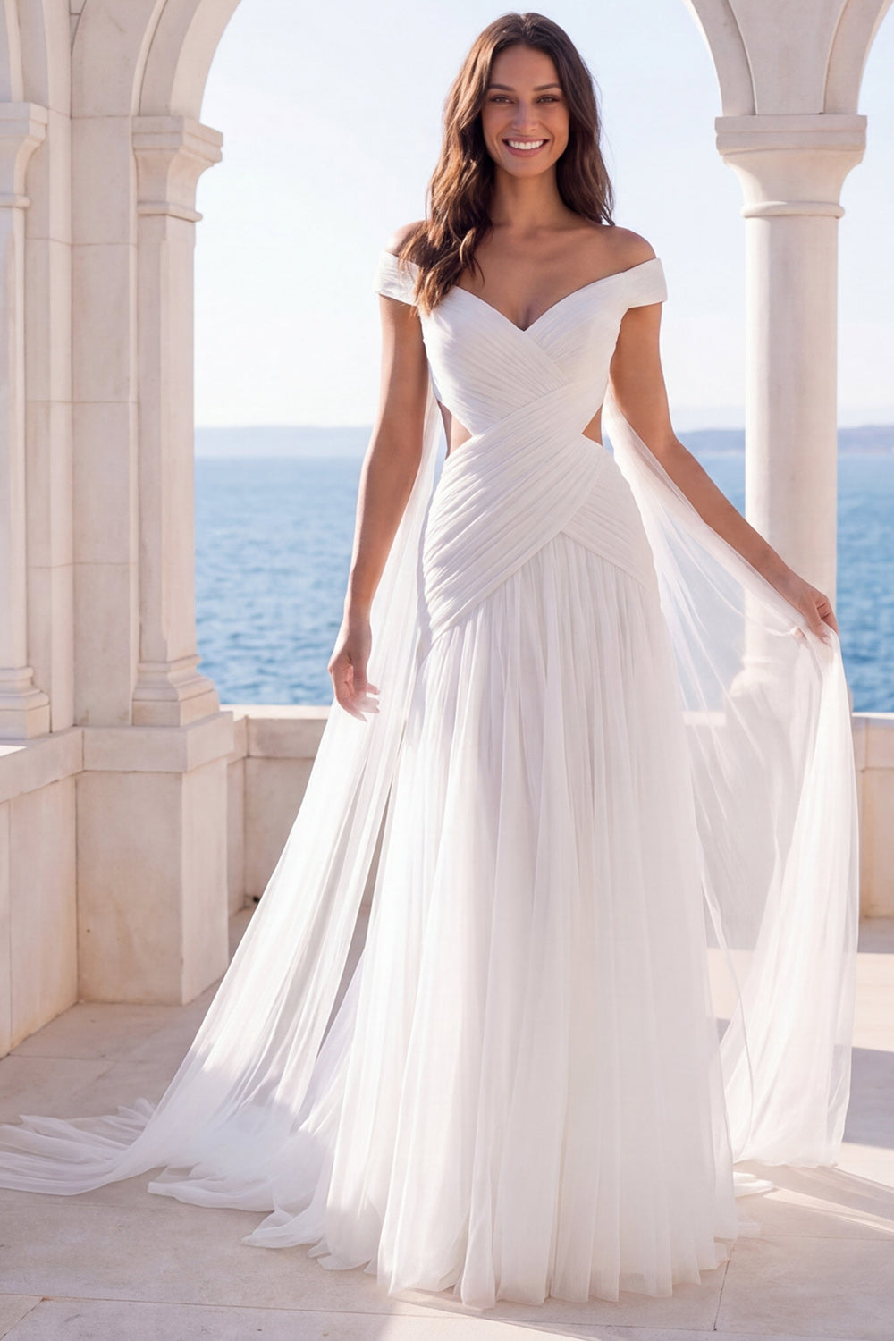 Cut Out Off the Shoulder Ivory A Line Sweep Train Beach Wedding Dress with Cape