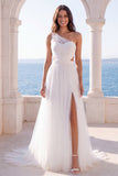 Ruched Cut Out One Shoulder Ivory A Line Sweep Train Beach Wedding Dress with Slit