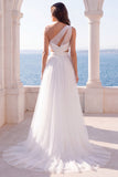 Ruched Cut Out One Shoulder Ivory A Line Sweep Train Beach Wedding Dress with Slit