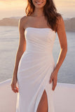 Ruched Strapless Ivory Mermaid Sweep Train Beach Wedding Dress with Slit