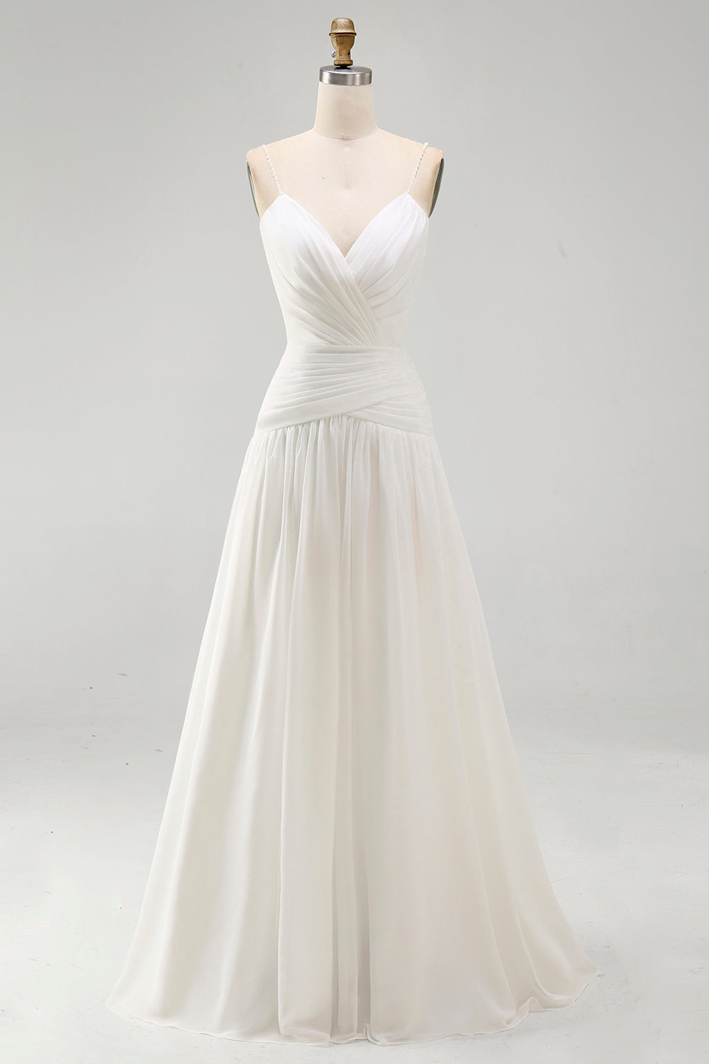 Ruched V-Neck Ivory A Line Sweep Train Beach Wedding Dress with Pearls