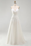 Ruched V-Neck Ivory A Line Sweep Train Beach Wedding Dress with Pearls
