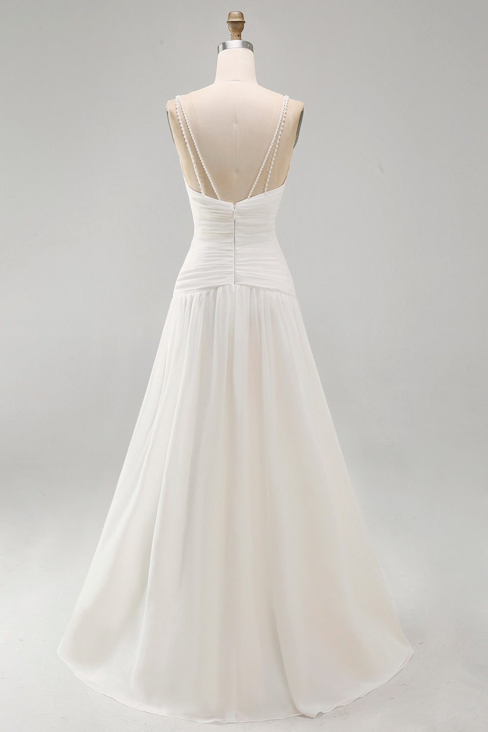 Ruched V-Neck Ivory A Line Sweep Train Beach Wedding Dress with Pearls
