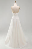 Ruched V-Neck Ivory A Line Sweep Train Beach Wedding Dress with Pearls