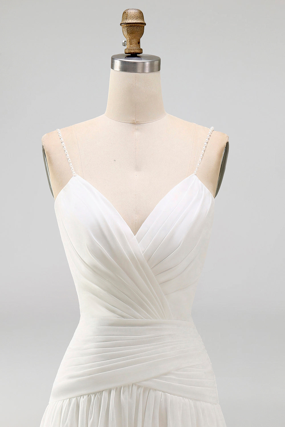 Ruched V-Neck Ivory A Line Sweep Train Beach Wedding Dress with Pearls