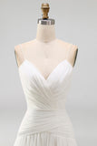 Ruched V-Neck Ivory A Line Sweep Train Beach Wedding Dress with Pearls