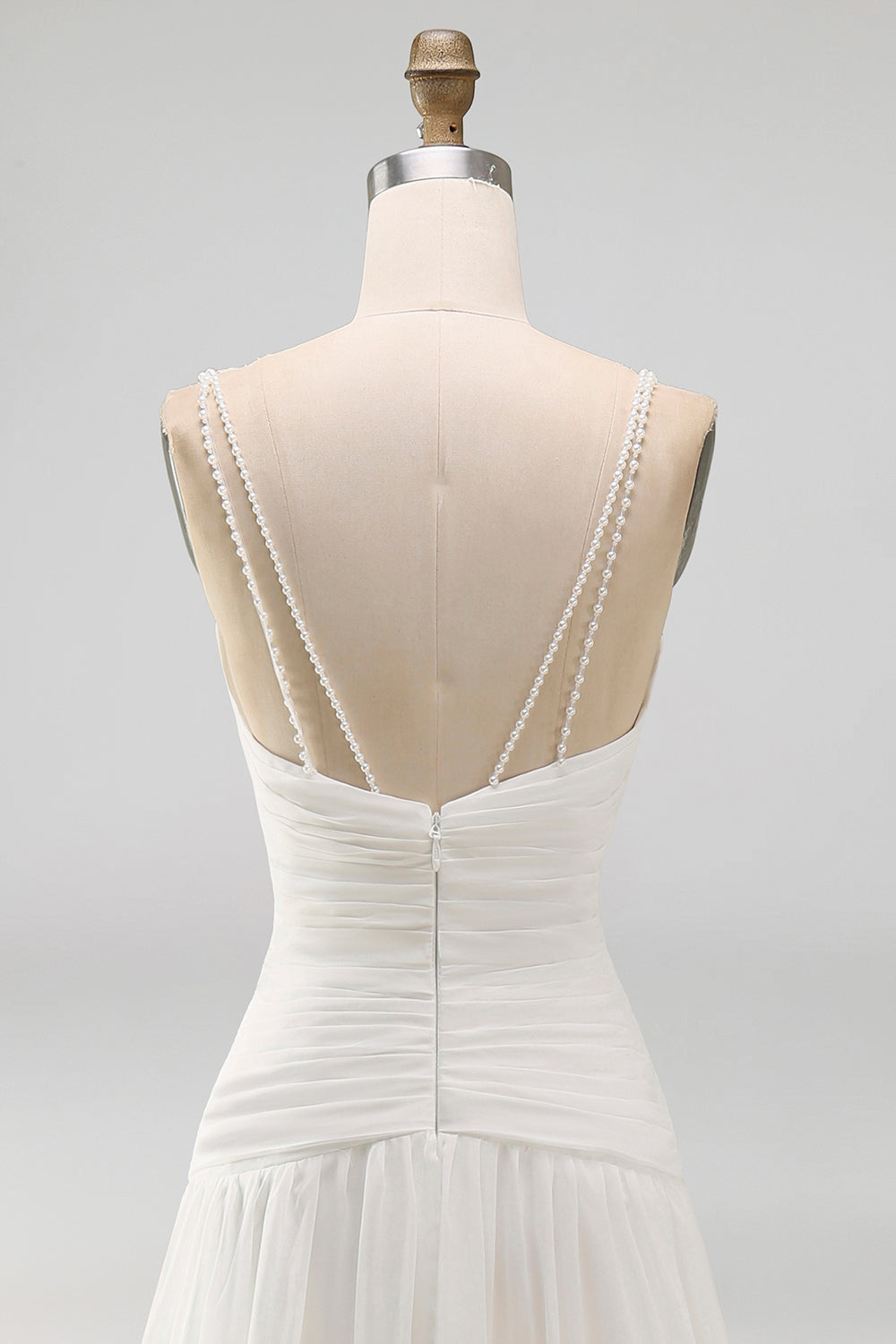 Ruched V-Neck Ivory A Line Sweep Train Beach Wedding Dress with Pearls