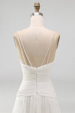 Ruched V-Neck Ivory A Line Sweep Train Beach Wedding Dress with Pearls