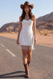 Tight Short Sparkly Ivory Wedding Dress with Fringes Spaghetti Straps Beaded Bachelorette Dress